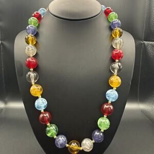 Vintage 1980s Rainbow Lucite Bead Necklace Chunky 16mm Marbled Acrylic Mod 24"